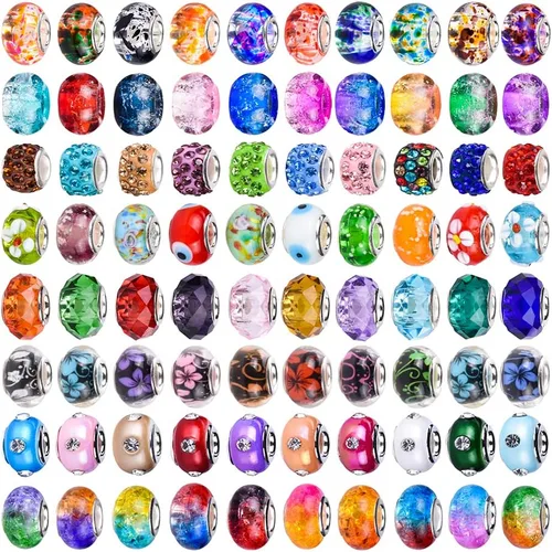 Vista 7 de 120 Piezas de Cuentas Europeas Surtidas para Manualidades Agujero Grande Cuentas Espaciadoras Lampwork Cuentas Europeas Coloridas para Collar Flor