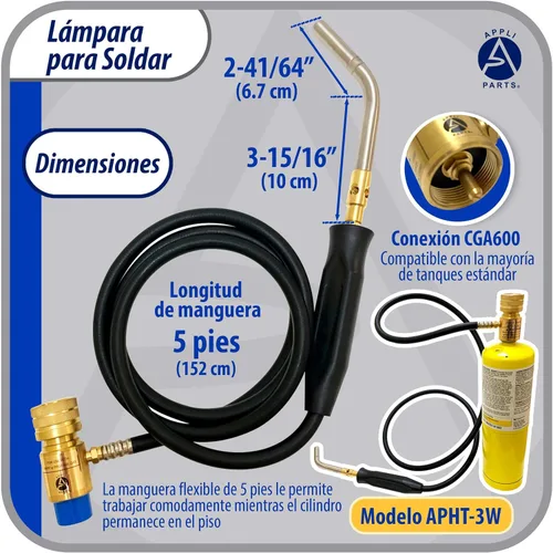Vista 2 de Appli Parts APHT-3W Soplete de Mano de Una Hornilla con Manguera de 5 pies y Mango para Soldadura, Soldadura Fuerte y Soldadura con Latón