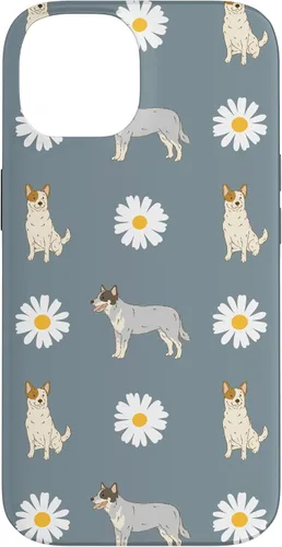 Vista 4 de Funda azul para iPhone 16 con diseño de perro Heeler y margarita azul polvoriento