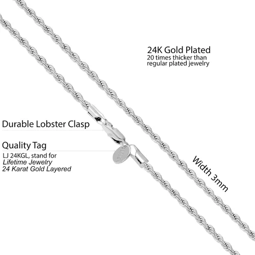 Vista 4 de LIFETIME JEWELRY 3mm Diamond Cut Rope Chain Necklace 24k Real Gold Plated