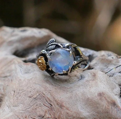 Vista 3 de Anillo de compromiso único con ramita floreciente, arco iris, piedra lunar, para mujer, estilo victoriano, joyería de plata tailandesa (talla 8)