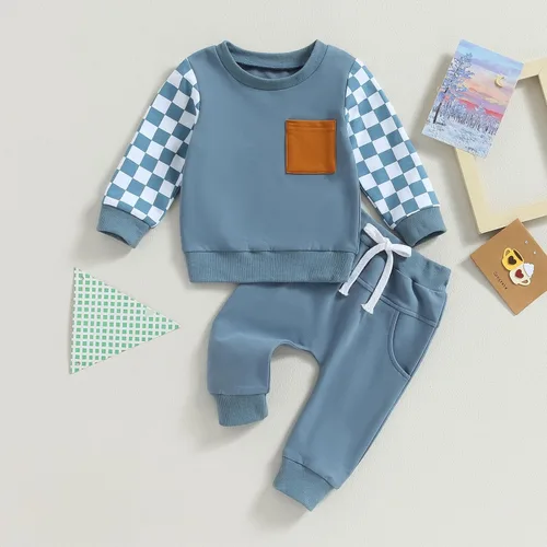 Vista 2 de Conjunto de sudadera de manga larga a cuadros para bebé niño para otoño e invierno