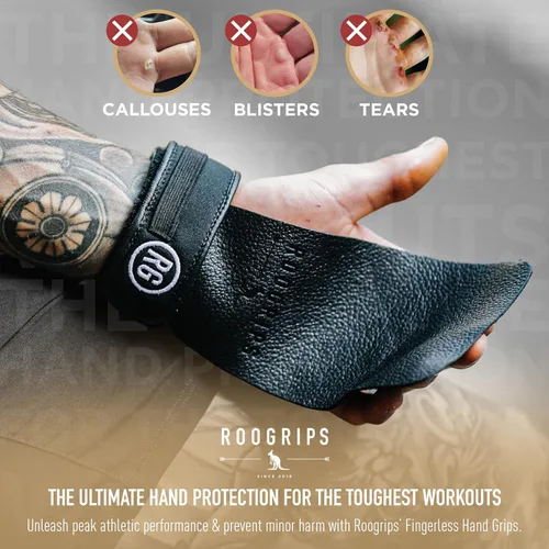 Vista 2 de RooGrips Empuñaduras de cuero de alta calidad sin dedos para crossfit, gimnasia, levantamiento de pesas, dominadas, WODs, la protección más duradera