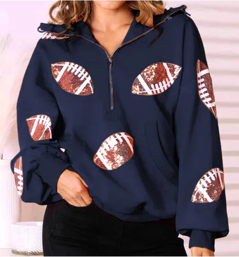 Vista 7 de SeekMe Sudaderas con capucha de lentejuelas para mujer, para el día del partido, suéteres de manga larga con cremallera y bolsillo