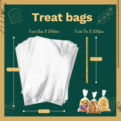 Vista 4 de LOKIQNG - Paquete de 100 bolsas de celofán, bolsas de plástico transparentes para galletas, bolsas de dulces con lazos giratorios y 100 bolsas