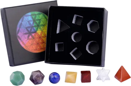 Vista 3 de mookaitedecor Juego de geometría sagrada de 7 chakras de cristal platónico, piedras pulidas pulidas con estrella Merkaba para curación y meditación