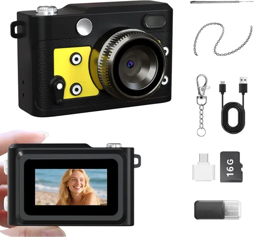 Vista 10 de Mini cámara retro con llavero – Cámara digital pequeña FHD de 1080P con lente de 2 MP, pantalla de 0.96 pulgadas y adaptador OTG con tarjeta de 16