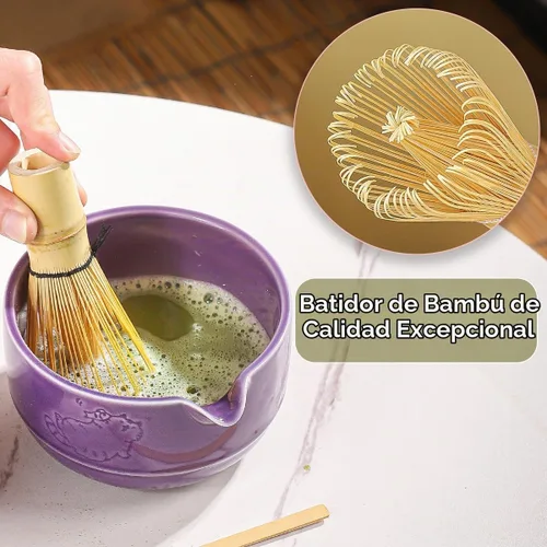 Vista 6 de Juego de té matcha tradicional con batidor de bambú, cuenco y soporte de cerámica morado, estilo japonés de 3 piezas (púrpura)