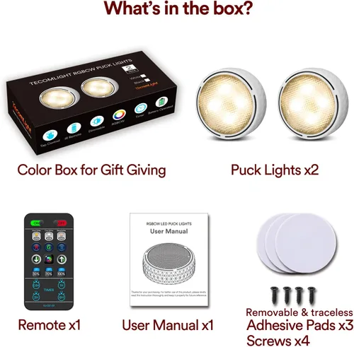 Vista 6 de TECOMLIGHT Luces LED de disco con control remoto, luz inalámbrica para armario, funciona con pilas, luces debajo del gabinete, luz de grifo que