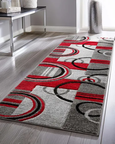 Vista 11 de Alfombra de felpa con círculos geométricos grises y rojos de Well Woven - Galaxy Waves (60010), Poliéster & Mezcla de poliéster