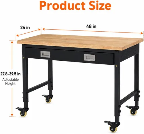 Vista 8 de Banco de trabajo ajustable resistente de 48 x 24 x 1.2 pulgadas con parte superior de madera de goma, almacenamiento de cajones, tira