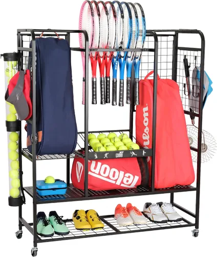 Vista 8 de Mythinglogic Estante de almacenamiento para bolsas de tenis, raqueta de tenis y organizador de pelotas, soporte para equipo de tenis para garaje