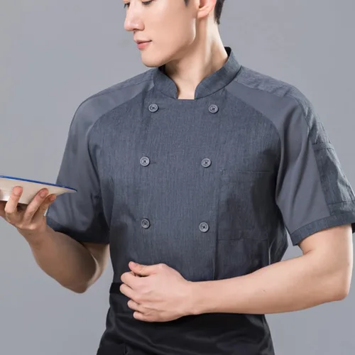 Vista 3 de Abrigos de chef unisex de manga corta, uniforme de chef de trabajo, con bolsillo, chaqueta de cocina con cierre de botón