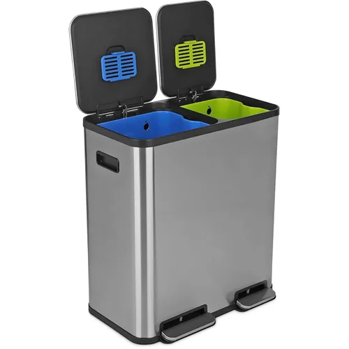 Vista 9 de Cubo de basura rectangular de 70 litros/18.5 galones con pedal, sin contacto manual, doble compartimento para reciclaje de cocina, con tapa Acero