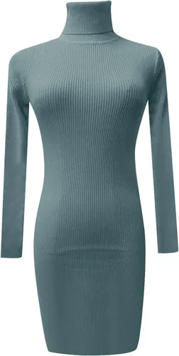 Vista 3 de Vestido de suéter para mujer, cuello redondo, manga larga de farol, tejido grueso, con cinturón, a la moda, vestido largo
