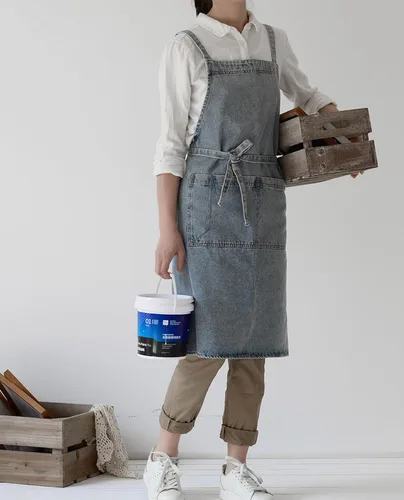 Vista 4 de NEWGEM Delantal de mezclilla de algodón con bolsillos para mujer, cocina, cocina, jardinería, pintura #1 Denim Algodón Azul Claro Con Lazos En La