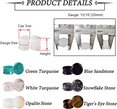 Vista 11 de Qmcandy - Juego de 6 pares / 16 pares de dilatadores para las orejas, de piedra mixta, expansores, conjunto de perforación corporal calibre 8G a 3/4
