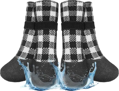 Vista 17 de BEAUTYZOO Calcetines impermeables para perros para evitar que lamen las patas, calcetines navideños para perros para suelos de madera dura