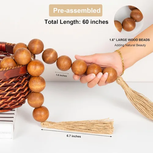 Vista 119 de OMISHE Guirnalda de cuentas de madera extra grande con cuentas de madera y borlas de 1.6 pulgadas de diámetro, cuentas decorativas rústicas de 41