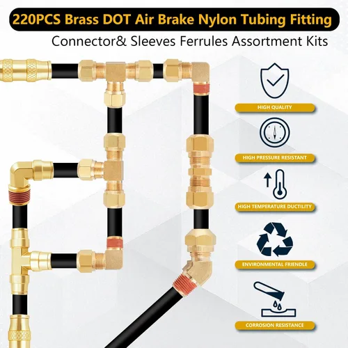 Vista 5 de 220 piezas de accesorios de línea de aire de latón DOT con bloqueo de empuje y accesorios de compresión de tubo de nylon de aire, accesorios