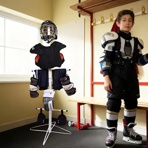 Vista 4 de Estante de secado de equipo de hockey de metal para almacenar equipos deportivos para adultos y niños, 4 clips adicionales para colgar