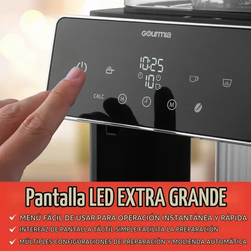 Vista 10 de Gourmia Cafetera de 10 tazas para moler y preparar - Molinillo de rebabas integrado, 3 fuerzas de preparación, pantalla digital programable, pausa