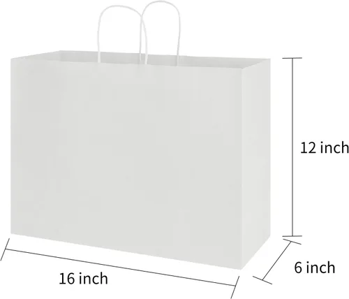 Vista 2 de bagmad Paquete de 50 bolsas grandes de papel kraft blanco de 16 x 6 x 12 pulgadas con asas a granel para compras, bodas, comestibles, mercancías al