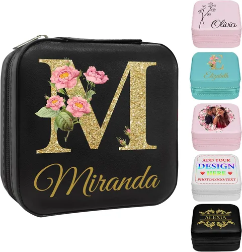 Vista 25 de Joyero personalizado con nombre, joyero de viaje portátil personalizado, organizador de joyas de cuero, cajas de dama de honor, boda, regalo