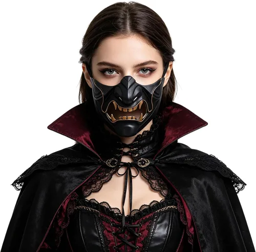 Vista 2 de OhMill Samurai Oni - Máscaras de media cara Airsoft Kabuki, máscaras de colmillos de demonio, máscaras para Halloween, juego de guerra de Cs