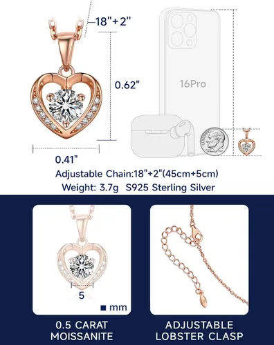 Vista 55 de MomentWish Collar de corazón para mujer, moissanita, diamante de imitación, plata de ley 925