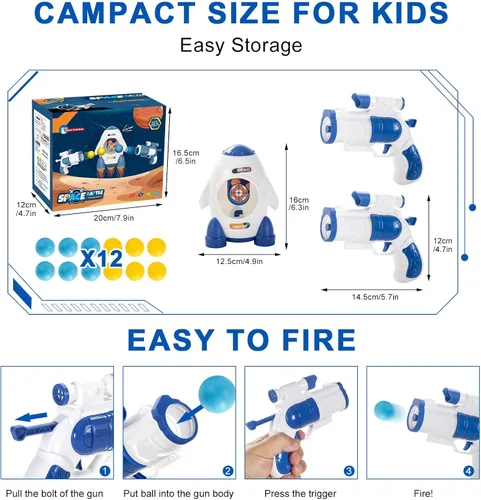 Vista 5 de Juego de disparos para niños de 3, 4, 5, 6, 7, 8, 9 y 10 años, 2 mini pistolas espaciales y objetivo, 12 bolas de espuma, juguetes de regalo ideales