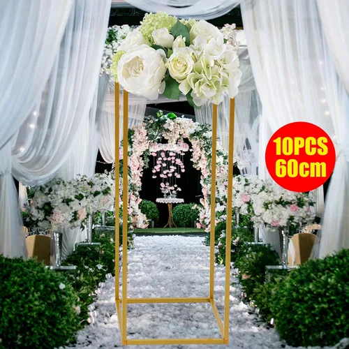 Vista 9 de 10 soportes dorados para flores de boda, jarrón geométrico rectangular, soporte de columna de metal, columnas para decoración del hogar, eventos