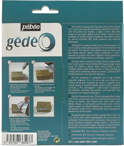 Vista 2 de Pebeo GEDEO KIT-Hoja efecto espejo, acabado plateado dorado, 3 láminas, 766597