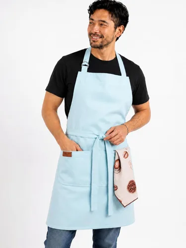 Vista 2 de Delantal de cocina 100% algodón con 2 bolsillos, delantal de chef ajustable para cocinar, hornear barbacoa, delantal unisex Aguamarina