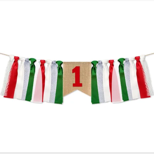 Vista 12 de Decoración de cumpleaños de bebé 1er cumpleaños para silla de bebé, decoración de Navidad, pancarta de arpillera verde y roja, suministros de fiesta