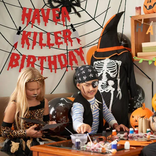 Vista 6 de Quimoy Decoraciones de cumpleaños Have a Killer, decoraciones de pancarta de Halloween, con 12 calcomanías de pared de murciélagos para decoración
