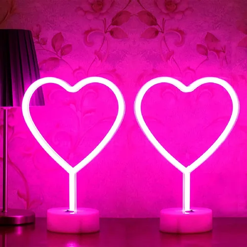 Vista 13 de BHCLIGHT Letrero de neón de corazón rosa, luz LED de neón para el día de San Valentín, funciona con pilas o USB, luces de corazón rosa de San