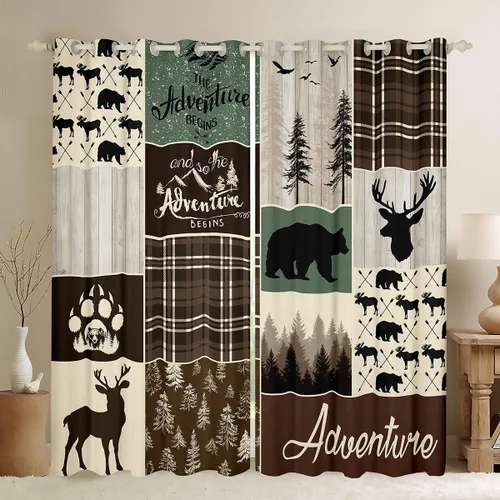 Vista 20 de Cortinas rústicas retro de cabaña, cortinas opacas de oso ciervo, 38 pulgadas de ancho x 45 pulgadas de largo, 2 paneles, cortinas de caza