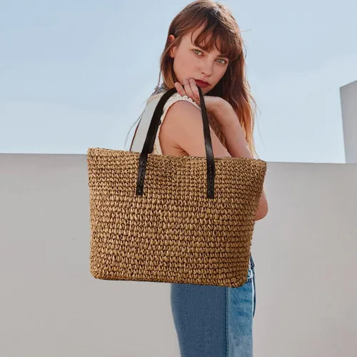 Vista 2 de VODIU Bolso de mano clásico de paja para mujer, bolso de hombro de playa bohemio