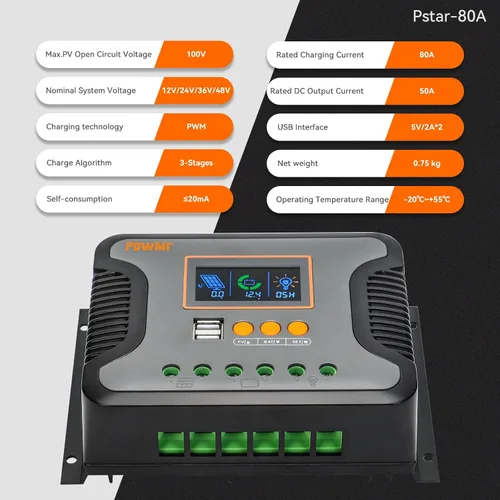 Vista 2 de Regulador de carga solar PowMr 80 A 12 V 24 V 36 V 48 V Auto, regulador solar de 80 amperios con parámetro ajustable, pantalla LCD y doble USB, apto
