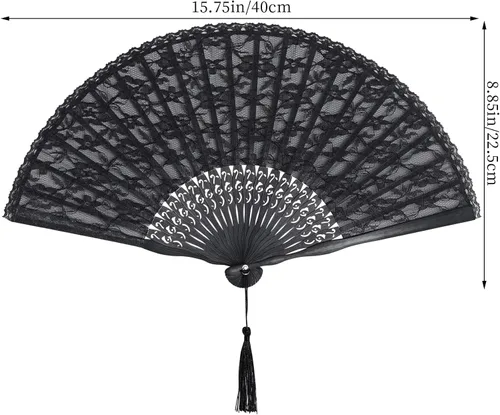 Vista 2 de choyaxo - Abanico de mano de encaje chino plegable de bambú y seda para mujeres, para decoración de bodas, bailes y fiestas, negro