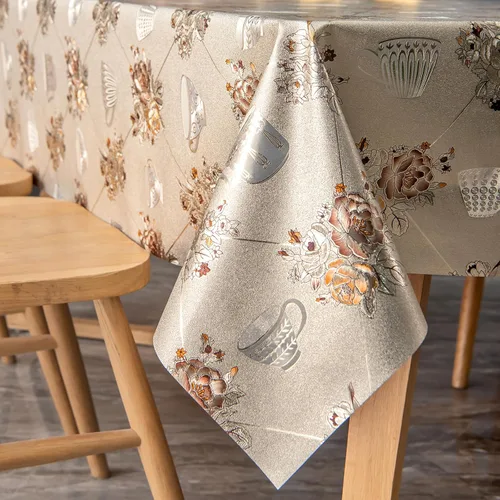 Vista 9 de FAVE Manteles dorados de vinilo para mesa de comedor de cocina, cubierta de mantel de PVC lavable para mesa rectangular para bodas, banquetes
