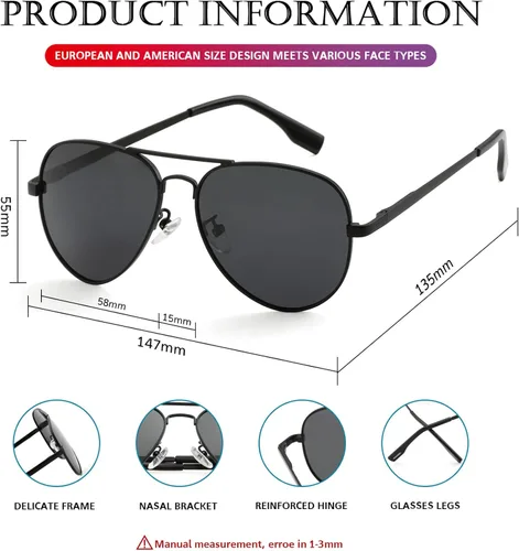 Vista 7 de PORADAY - Lentes de sol polarizados para hombres y mujeres con estilo aviador, armazón de metal, 100% protección UV400, 58 mm