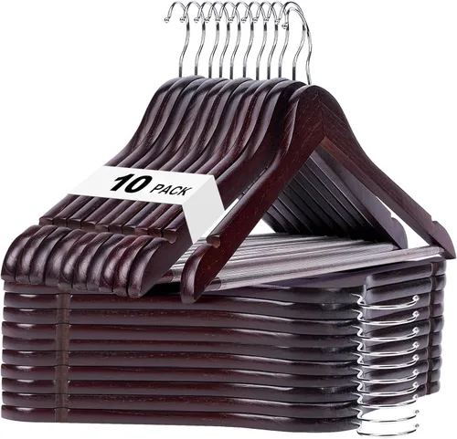 Vista 15 de HOUSE DAY - Paquete de 10 perchas de madera negra, percha de madera maciza con barra antideslizante para pantalones, percha de abrigo de madera