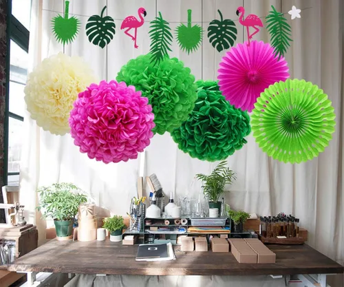 Vista 5 de Decoraciones de fiesta hawaiana, pancarta de hoja de palma verde flamenco con pompones, flores de papel, abanicos de papel de seda para Luau
