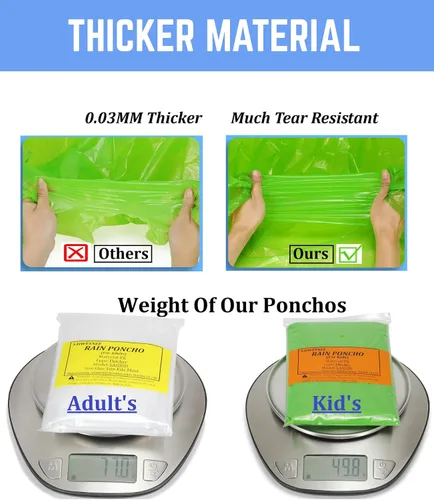 Vista 6 de Ponchos de lluvia para adultos, niños y familia 4, 8, 9 y 16 opciones de paquete Extra grueso, resistente al desgarro con capucha