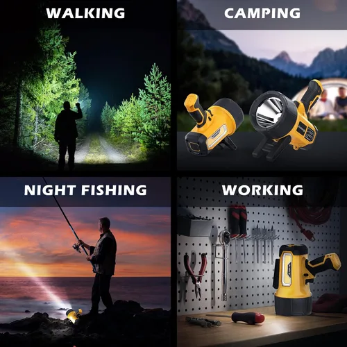 Vista 3 de FORTO Foco recargable, 200000 lúmenes, luz de mano con soporte plegable, 6 modos IPX7, impermeable, luces LED para pasear al perro, caza, camping
