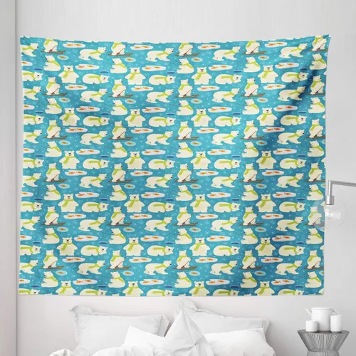 Vista 6 de Lunarable Cartoon Tapestry, Polar Bear with Scarf Skiing and Ice Fishing Cold Weather Arctic Animal, Fabric Wall Hanging Decor for Bedroom Living
