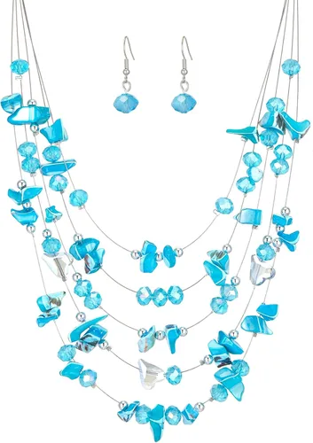 Vista 10 de Collar de cuentas de concha bohemia de varias capas para mujer, hebra de cristal colorida con cuentas plateadas, collares y aretes, disfraces