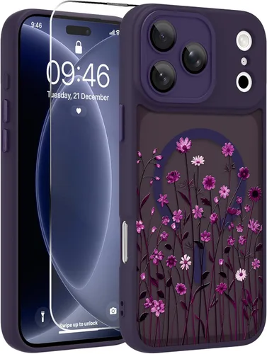 Vista 46 de OOK Funda magnética para iPhone 13 Pro Max [compatible con MagSafe] Funda delgada translúcida mate con flor silvestre negra, protección para lente